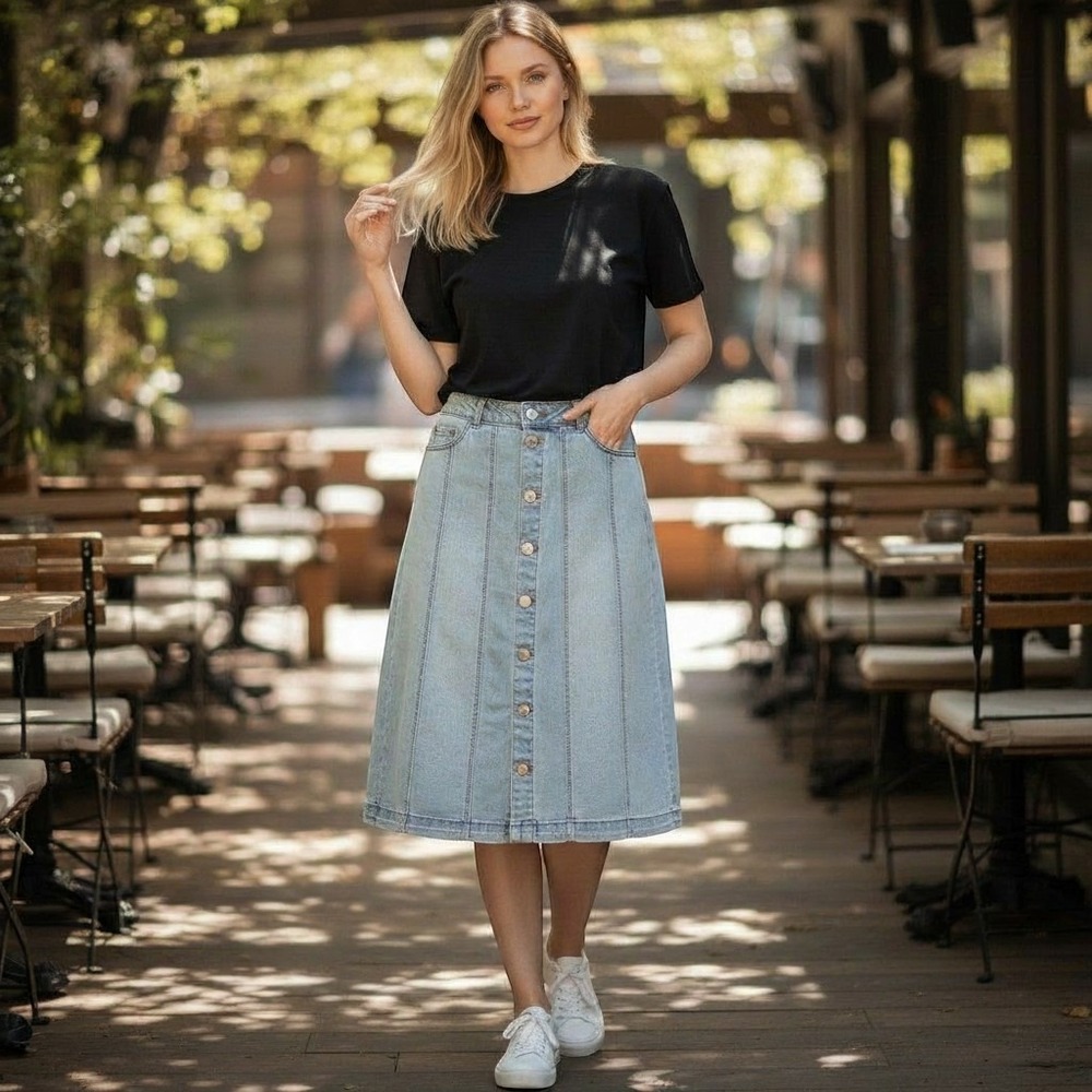ONE5ONE Women Light Wash Button Front Denim A-Line Skirt XL Light Blue Casual